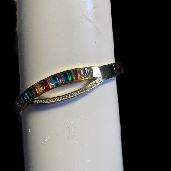Gold-Plated Crossover Bangle Bracelet W/Multicolor Gemstones & Crystal Accents - Picture 4 of 5